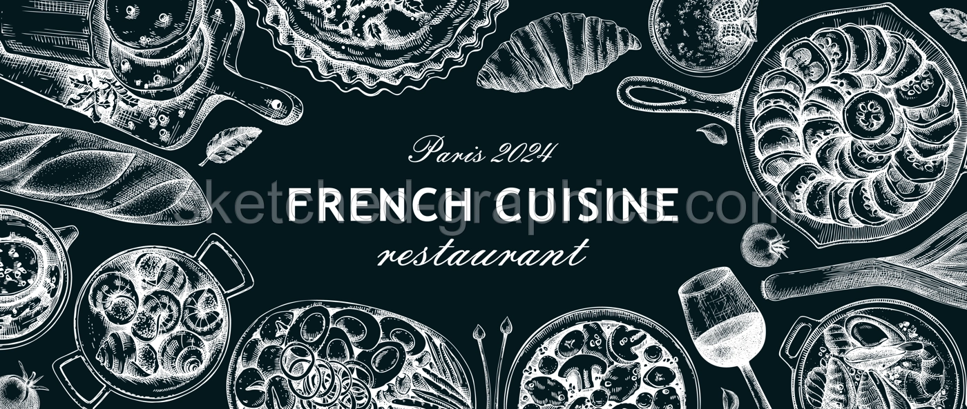 French food background on chalkboard. Traditional food from France sketches. European cuisine frame, restaurant menu design template. Hand-drawn vector illustration, NOT AI generated Illustration
